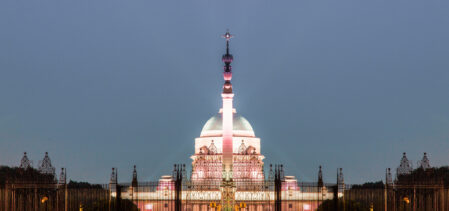 A photo of the frontal view of the Rashtrapati Bhavan – The official residence of the President of India.