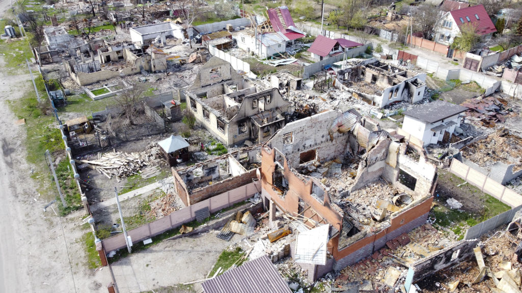 Destruction at Moshchun village of Ukraine after attacks