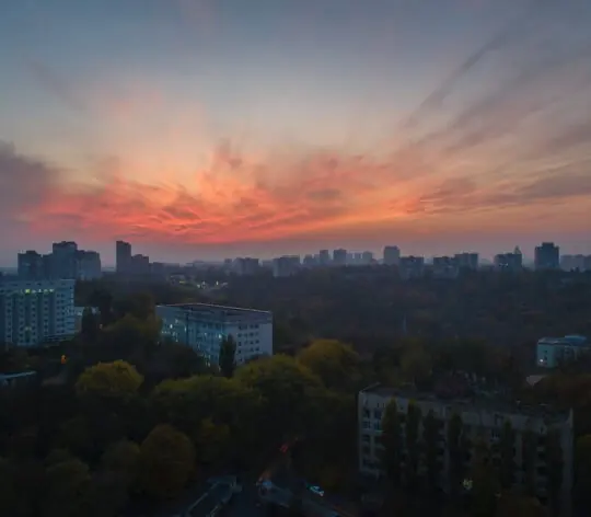 High Angle View Of Buildings Against Sky During Sunset, Kiev, Ukraine