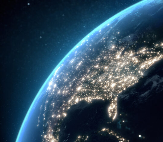 Flying over USA at night with city light illumination. View from space. 3D render