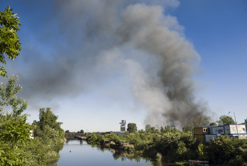 Black smoke seen in the sky above the burning Marywilska 44