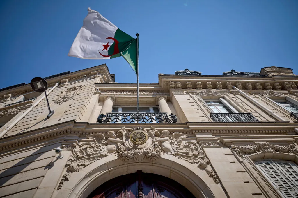 Algerian flag flies at its embassy in Paris, France.