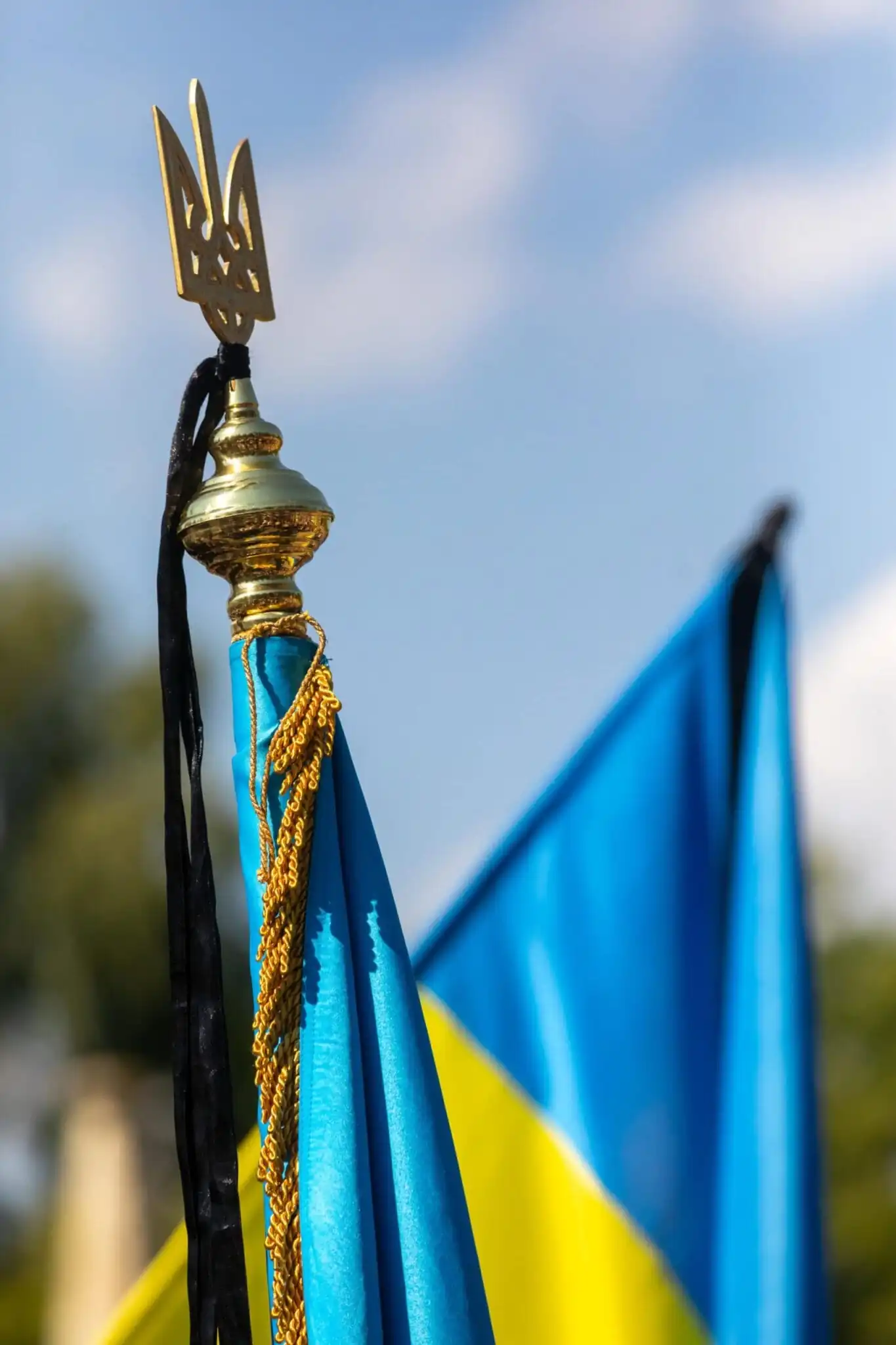 The Ukrainian flag seen prominently displayed with a black