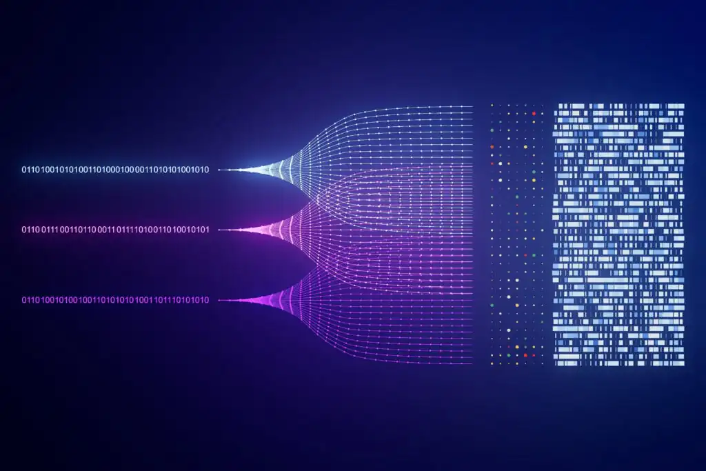 Artificial intelligence and data science illustration with interconnected neural lines and streaming data, perfect for business and innovation themes.